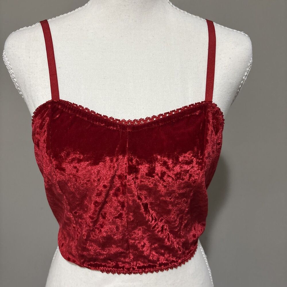 Candy Apple Red Velvet Bralette Lace Trim Adjustable Strap Top Sz Sm